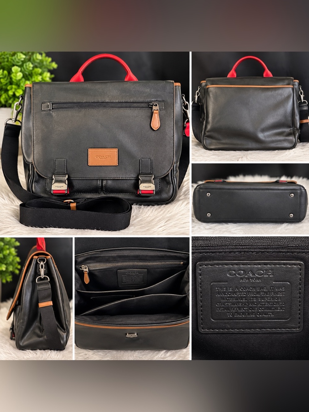 Coach Black Leather Messenger Bag with Red Top Handle and Tan Trim